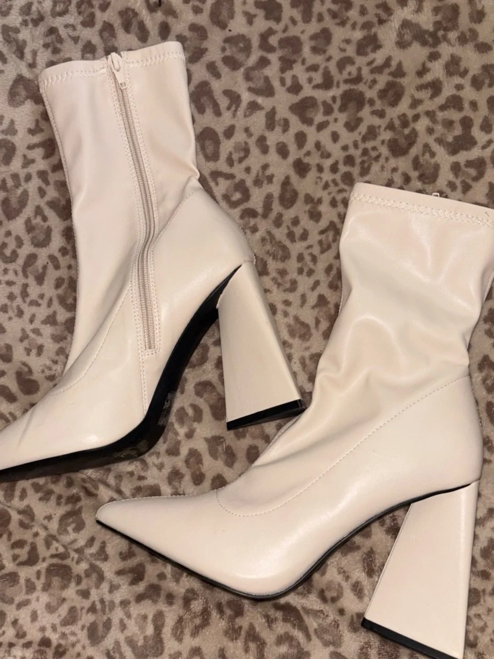 Forever 21 Cream Pointed Toe Block Heel Sock Ankle Boots